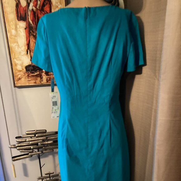FAB LUX ANNE KLEIN NY BEJEWLED SHEATH LETS PARTY LINEN BLEND DRESS TURQUOISE - Picture 9 of 11